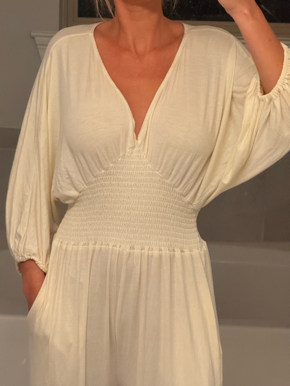Cream Smocked Waist V-Neck Jumpsuit